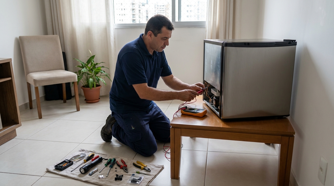 Técnico fazendo manutenção do motor de frigobar em Recife‑PE